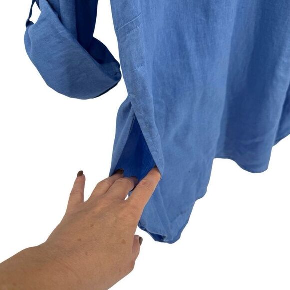 J Jill Love Linen Long Roll Tab Sleeve Half Button Tunic Top Blue Women Large - Picture 3 of 8
